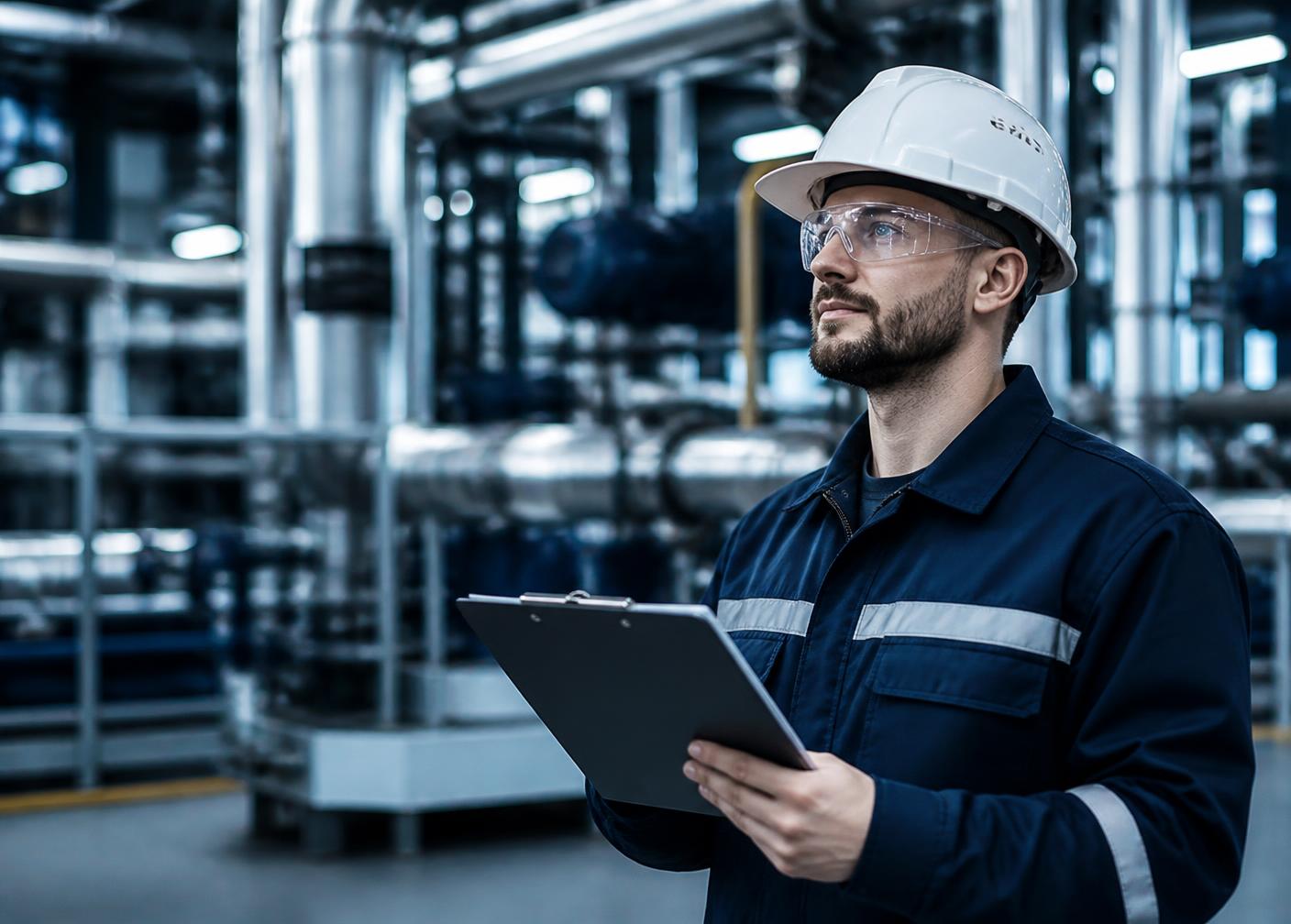 Técnico de segurança do trabalho inspecionando planta industrial